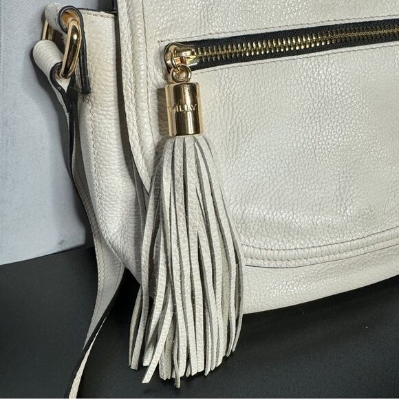 Milly white pebbled leather fringe tassel flap hobo crossbody bag - Picture 8 of 14